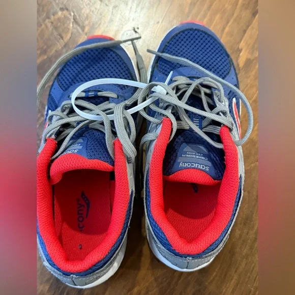 Saucony Kids Cohesion 14 LTT Blue Red Gray sneakers tennis shoes big boy size 1 - Picture 4 of 6
